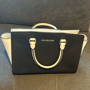 Michael Kors Black and Cream Leather Satchel with Top Handles